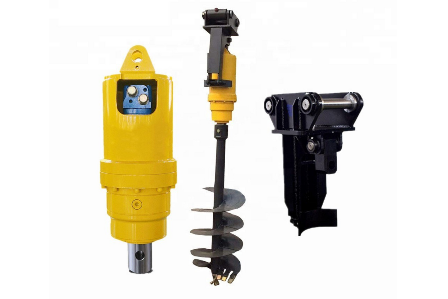Hydraulic auger attachment parts for excavators by JoyT5 including drill head and mounting bracket