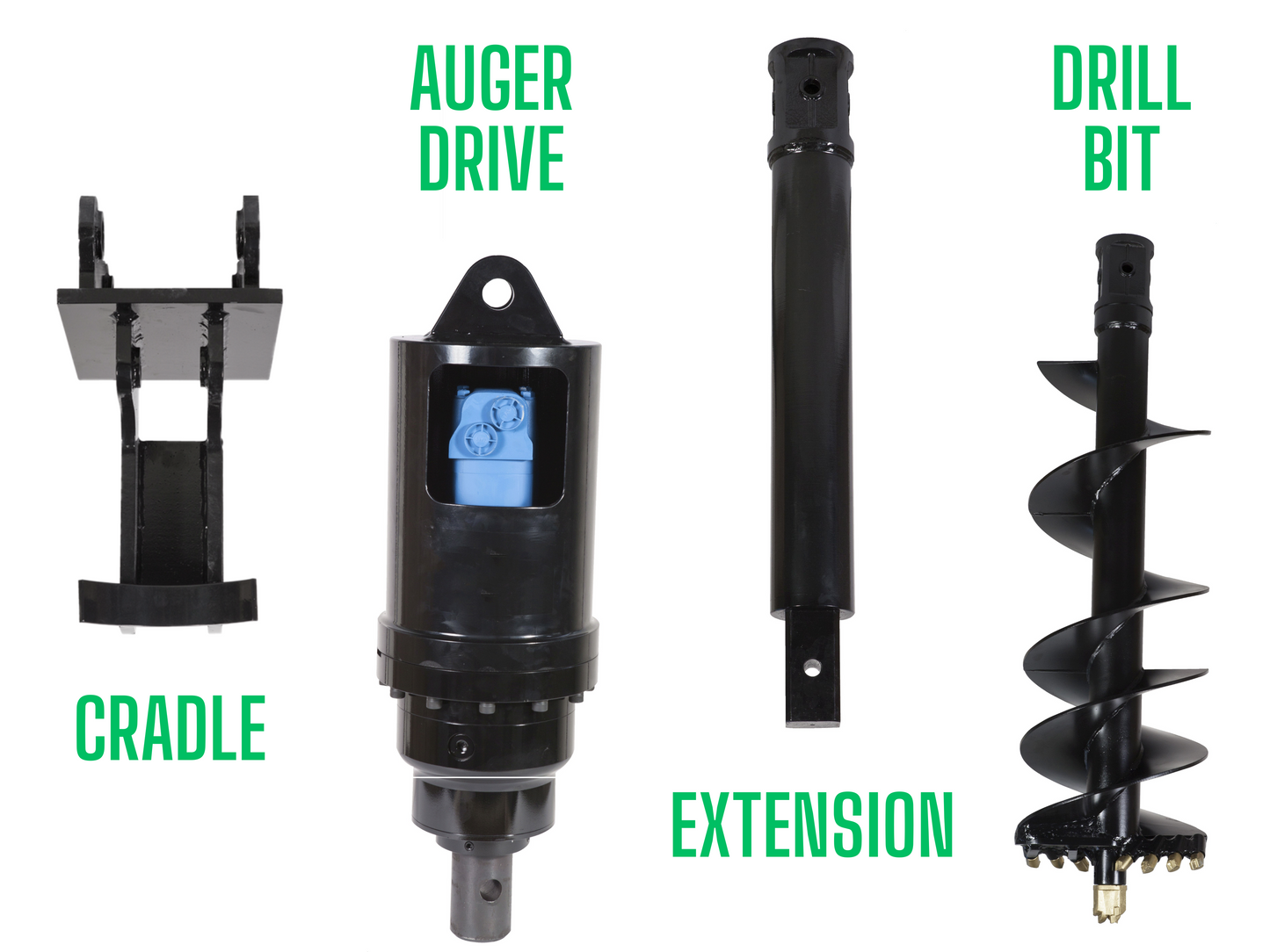 Hydraulic auger parts for excavators by JoyT5 including cradle, auger drive, extension and drill bit.