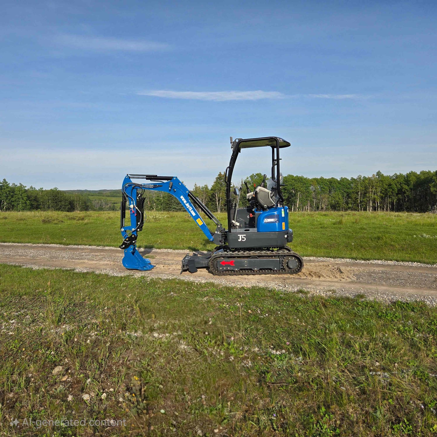 JoyT5 Rippa R18 Mini Excavator side view with lowered bucket for digging and ground leveling