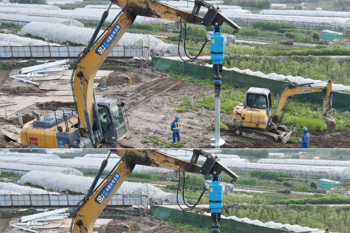 Excavator with JT5 ATS Torque Indicator wireless torque measurement sensor used for helical pile installation and drilling – real-time torque monitoring equipment for construction and foundation projects.