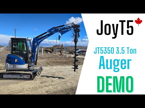 JoyT5 hydraulic auger demo on mini excavator in Canada – JT5350 3.5 ton auger attachment designed for drilling fenceposts, earth, and foundation work with precise power.