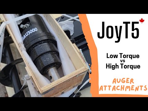 JoyT5 custom skid steer auger attachment – comparison of low torque vs high torque models showing durable hydraulic auger design for heavy construction use in Canada.