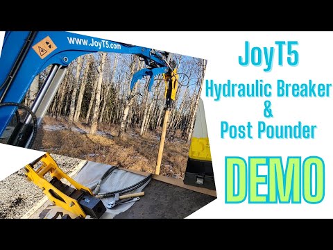 JoyT5 hydraulic breaker hammer and post pounder demo using excavator – heavy‑duty construction attachment for fencing, demolition, and foundation work in Canada.