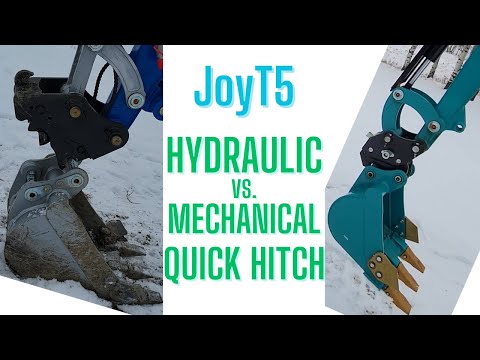 JoyT5 demo comparing hydraulic and mechanical quick hitch couplers for excavators – durable heavy-duty attachment for fast changes on mini and full-size machines in Canada.