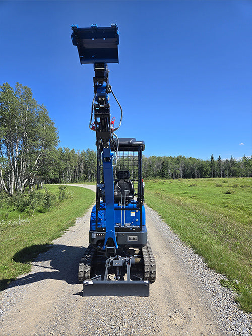Front view of rippa r15 mini excavator for sale with raised arm and bucket on gravel road