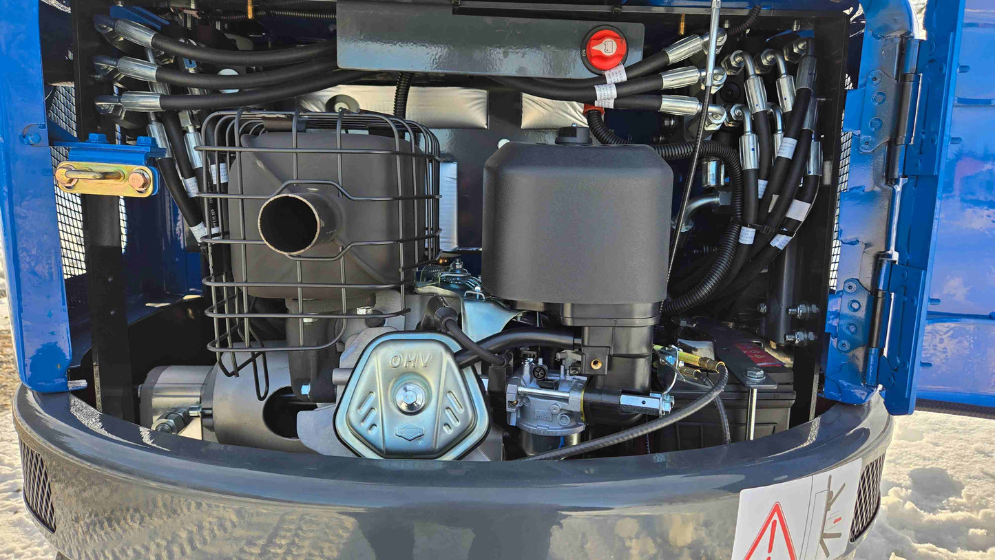 Rippa R10 Mini Excavator | Compact Excavator Canada - engine compartment with OHV engine, air filter, and hydraulic hose system