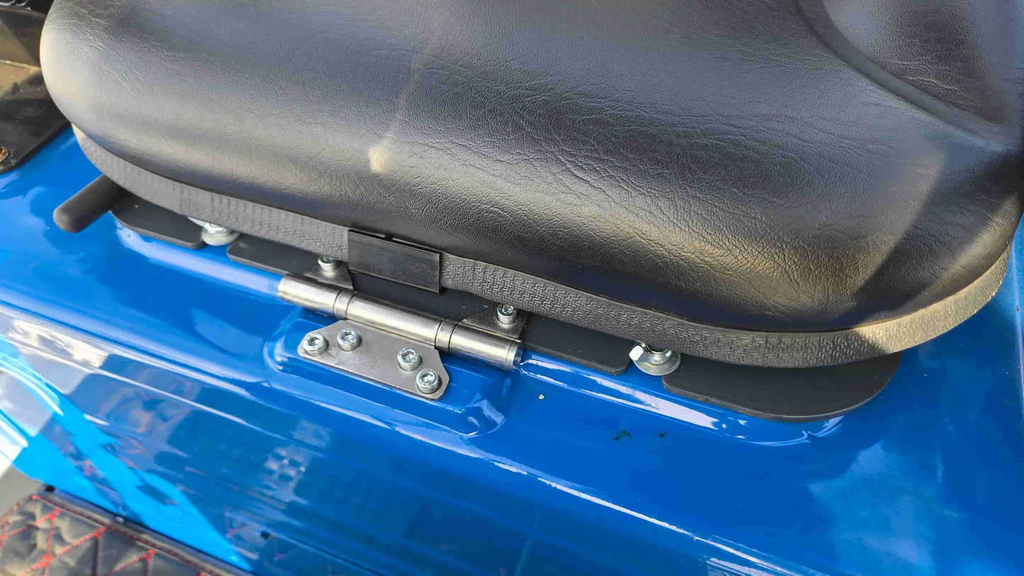 Rippa R10 Mini Excavator operator seat with hinge system on blue body frame