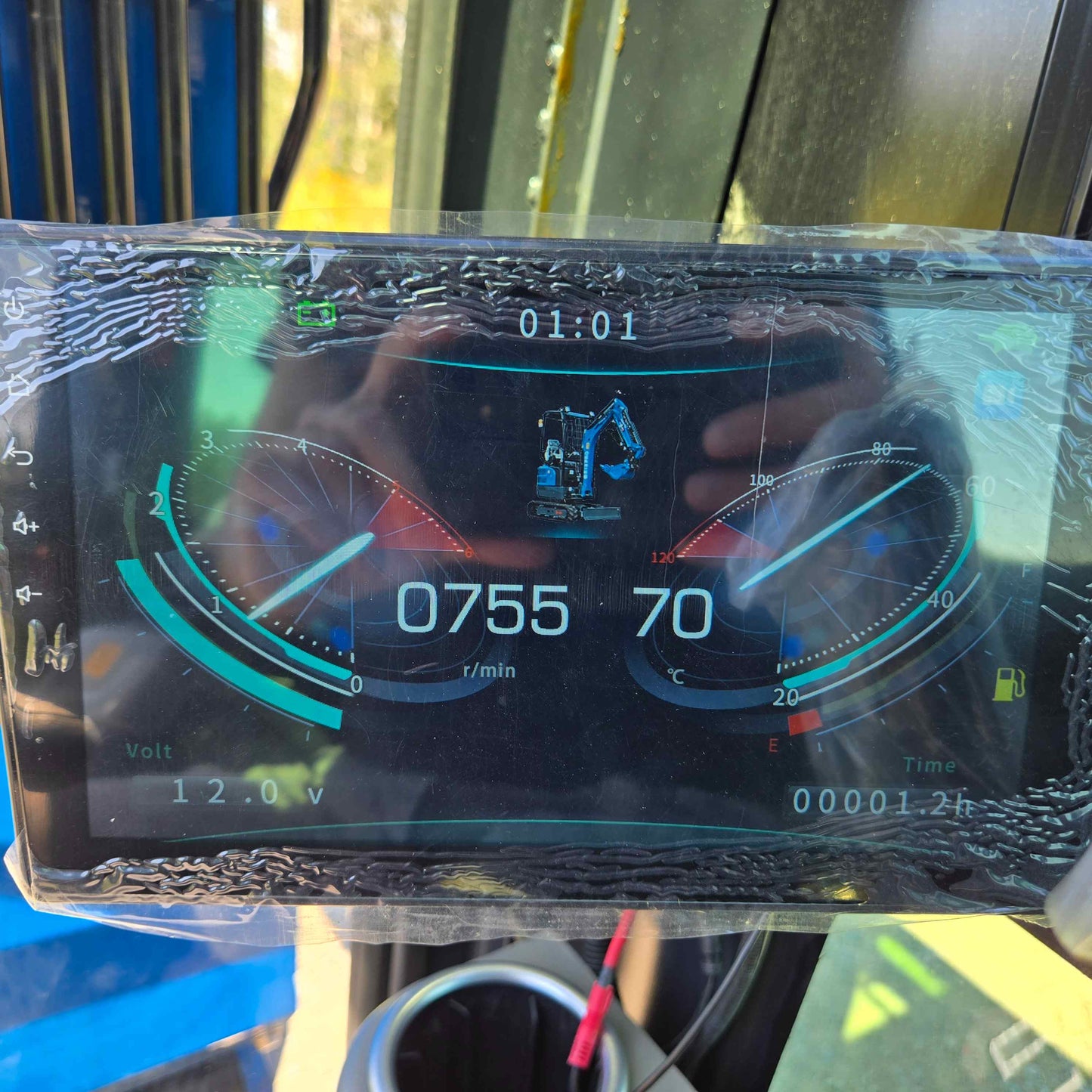 Digital dashboard display showing RPM, temperature, voltage, and fuel level inside the Rippa R22 Mini Excavator for sale.