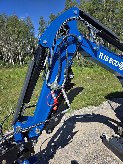 Close-up view of rippa r15 mini excavator for sale boom arm with hydraulic hoses and cylinder R15