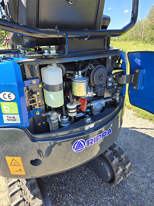 Rippa R15-mini excavator for sale open engine compartment showing hydraulic fluid tank, fuel filter, and components