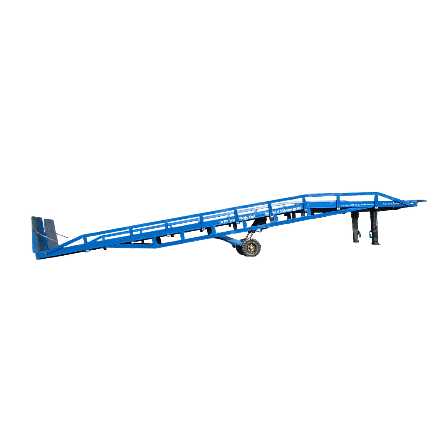 Twelve ton mobile loading ramp side view showing steel frame design with wheels for forklift and truck container loading in Canada