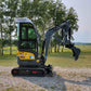 2 ton compact full cab mini excavator standing on gravel and grass area in Calgary Alberta available for rent for landscaping and construction use