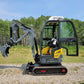 Rear view of JoyT5 JT5200 2 ton mini excavator for rent in Calgary, Alberta compact full cab excavator showing track system and sturdy design for landscaping and construction work across Canada.

