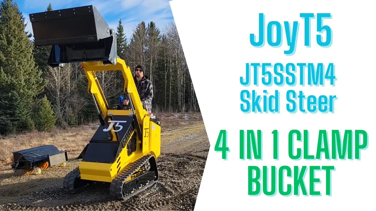Load video: Why get Skid Steer 4 in 1 Clamp Bucket? Quick Demo with JoyT5 Mini Skid Steer
