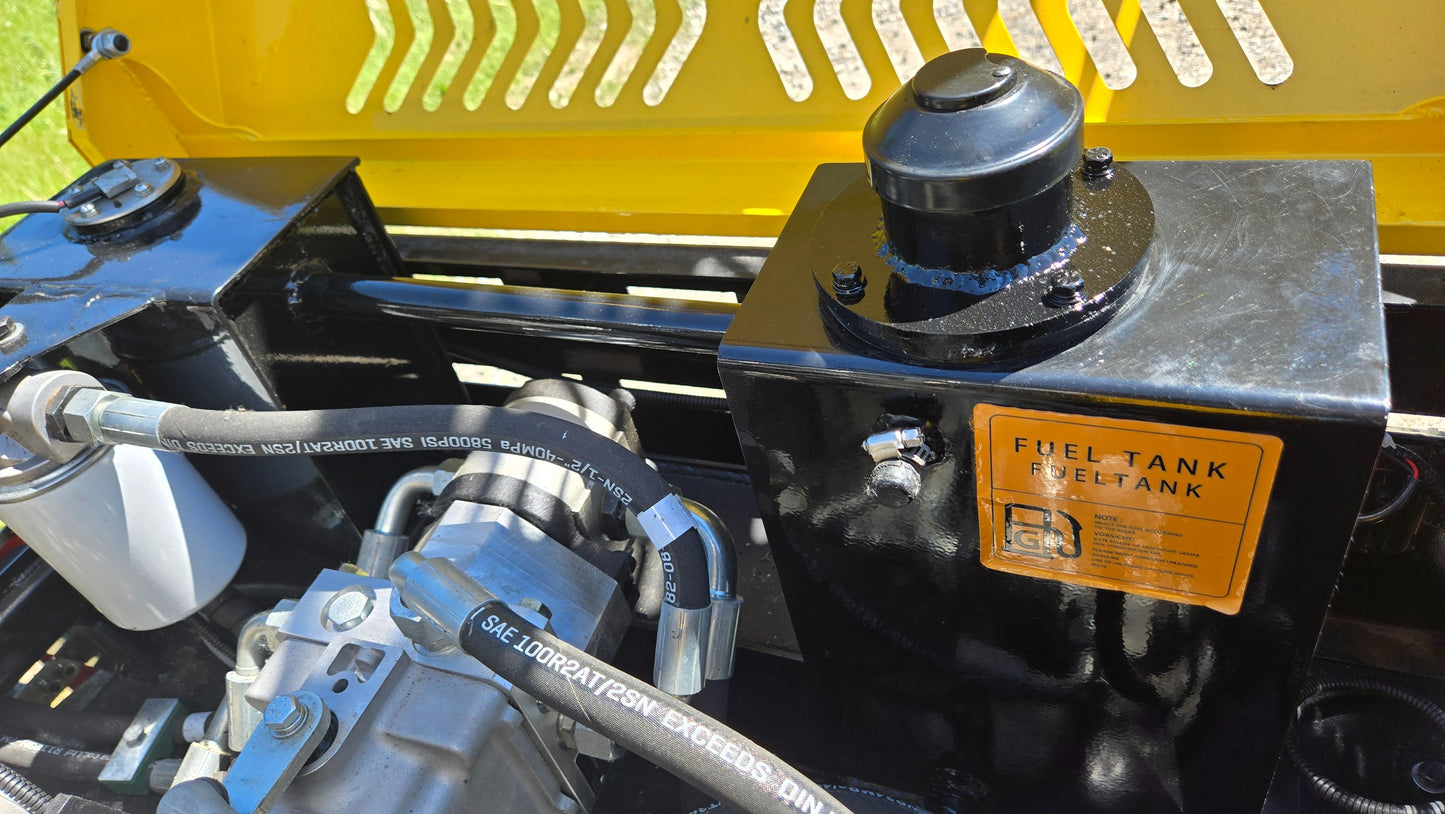 Fuel tank of JT5DR35 road roller with fuel label and connected hydraulic hoses by JoyT5 for sale in Calgary Alberta Canada