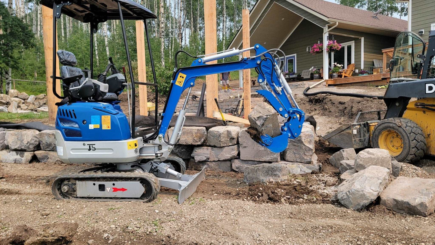 JoyT5 JT5120 1.2 Ton Compact Mini Excavator Rental in Calgary, Canada - Pilot control excavator for landscaping, rock placement, and small construction hire in Alberta.