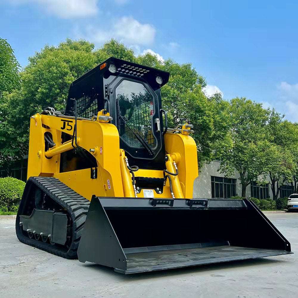 Angled front view of JoyT5 JT5SST75 tracked skid steer loader with 73HP engine, 2200 lbs lift capacity, and heavy-duty construction.