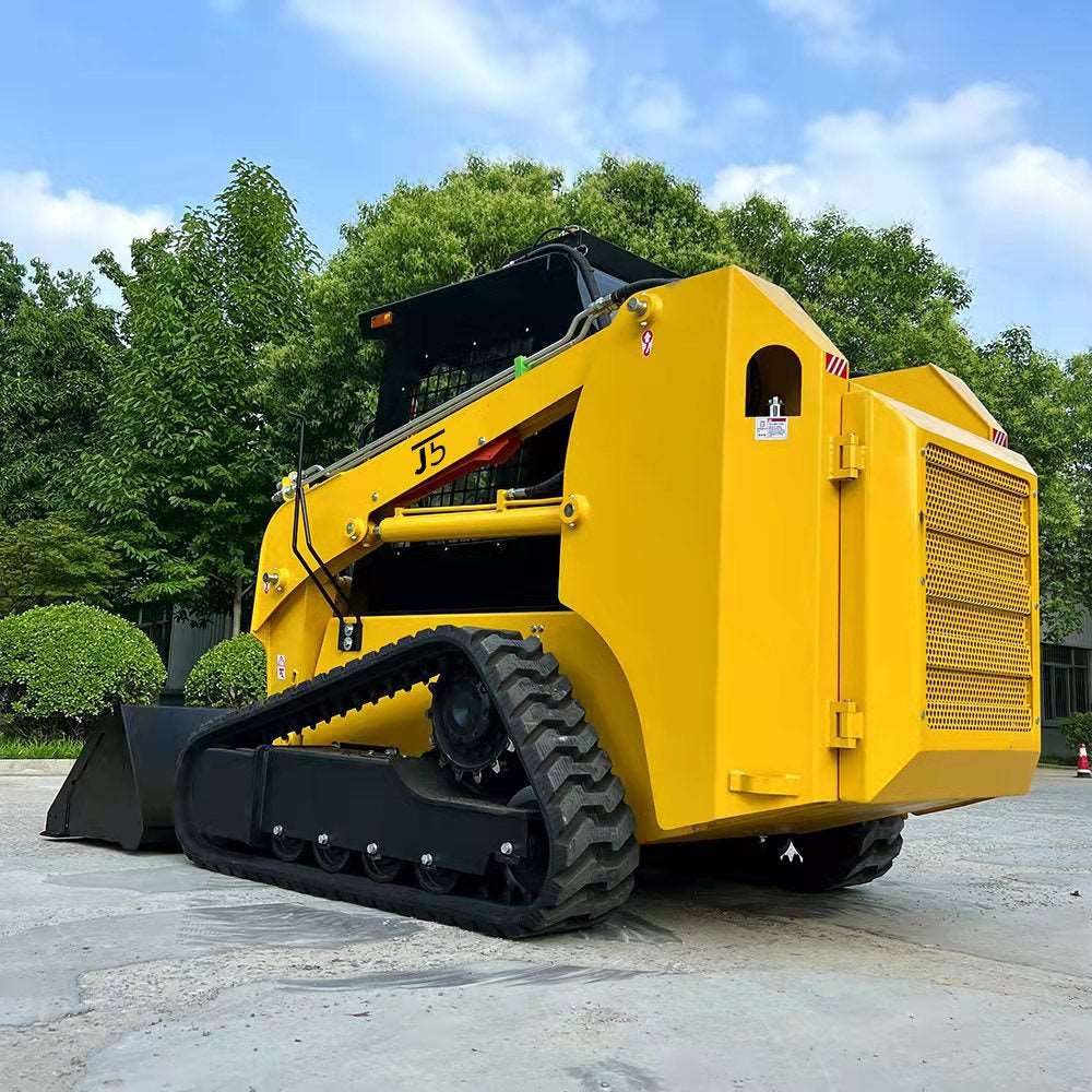 JoyT5 JT5SST75 tracked skid steer loader rear angle view showing engine compartment rubber tracks and bucket for construction farming and landscaping work in Canada 73 HP