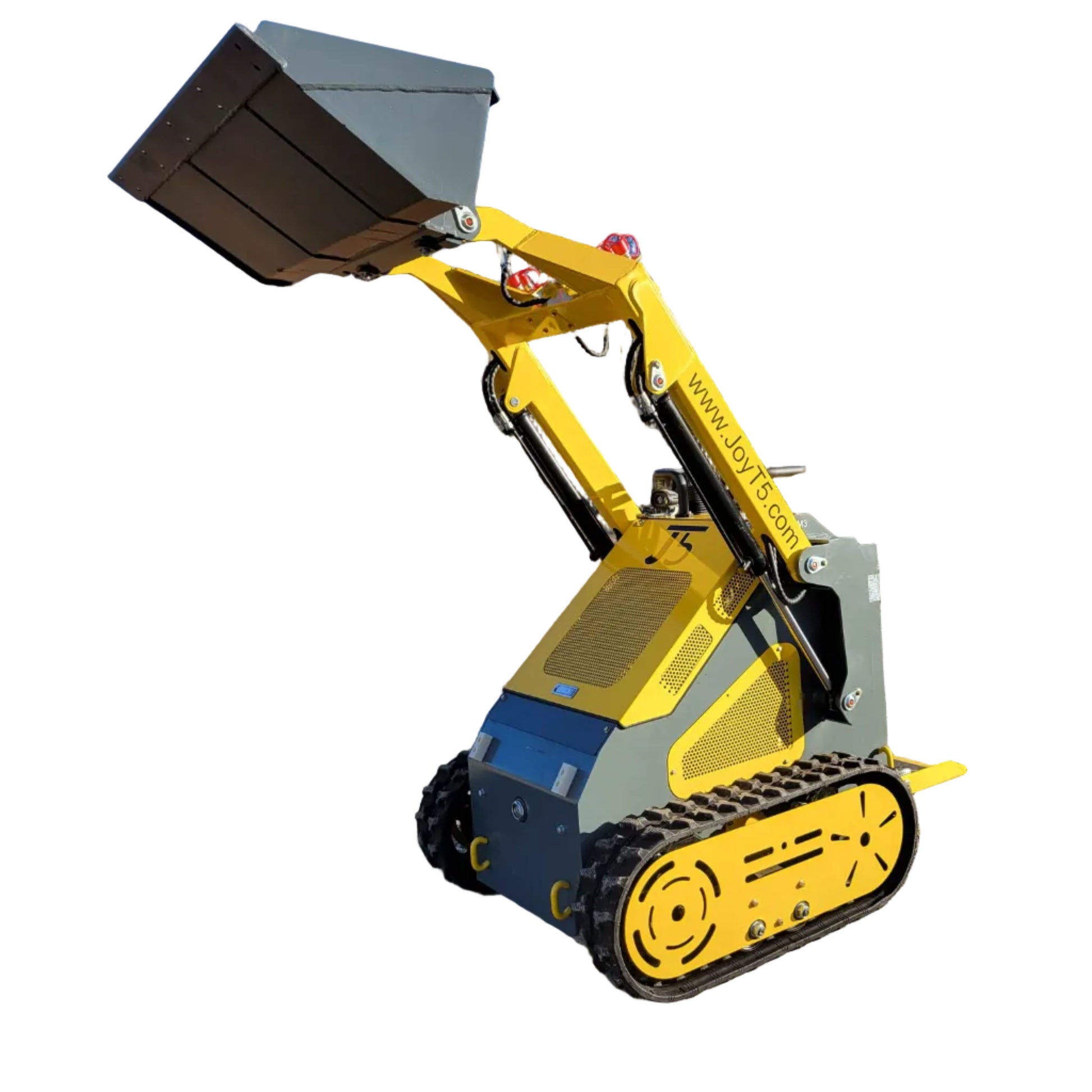 JoyT5 JT5SSTM3 mini tracked skid steer with raised front bucket showing lift height and stability on outdoor jobsite in Canada

