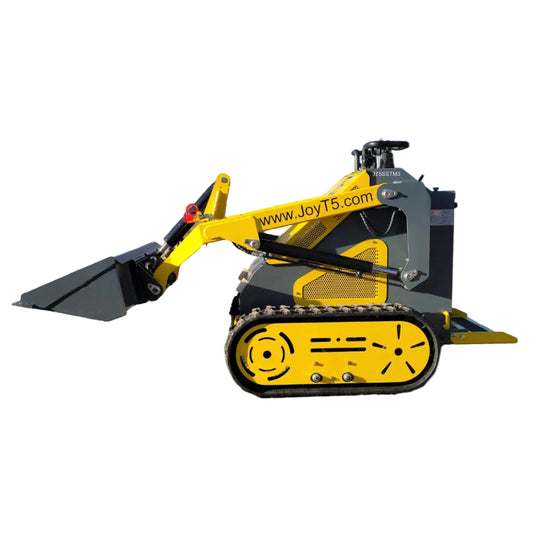 JoyT5 JT5SSTM3 mini tracked skid steer side view with front bucket attachment operating on outdoor jobsite in Canada
