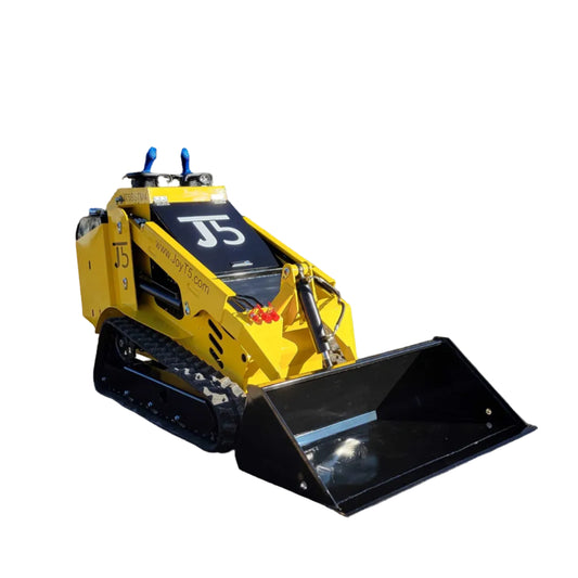 JoyT5 JT5SSTM4 tracked mini skid steer with front bucket attachment shown on construction and landscaping site in Canada