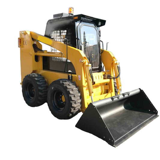 JoyT5 JT5SSW75 wheeled skid steer shown from front angle with strong bucket attachment heavy duty tires enclosed cab and 73 HP engine for construction and farming applications in Canada
