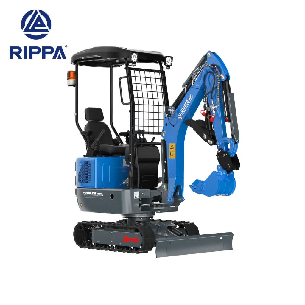 JoyT5 Rippa R10 Mini Excavator for Sale in Canada 1 Ton Compact Excavator angled side view with hydraulic thumb rubber tracks and front blade built for landscaping backyard digging and residential construction