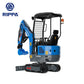 JoyT5 Rippa R10 Mini Excavator for Sale in Canada 1 Ton Compact Excavator rear left angle view showing compact engine housing rubber tracks hydraulic thumb and blade for backyard landscaping and light construction