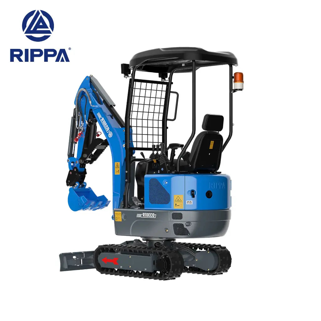 JoyT5 Rippa R10 Mini Excavator for Sale in Canada 1 Ton Compact Excavator rear left angle view showing compact engine housing rubber tracks hydraulic thumb and blade for backyard landscaping and light construction