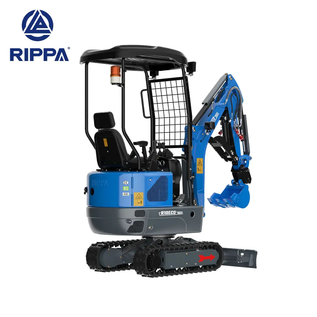JoyT5 Rippa R10 Mini Excavator for Sale in Canada 1 Ton Compact Excavator rear angled view showing engine housing rubber tracks hydraulic thumb and blade for landscaping and light construction work
