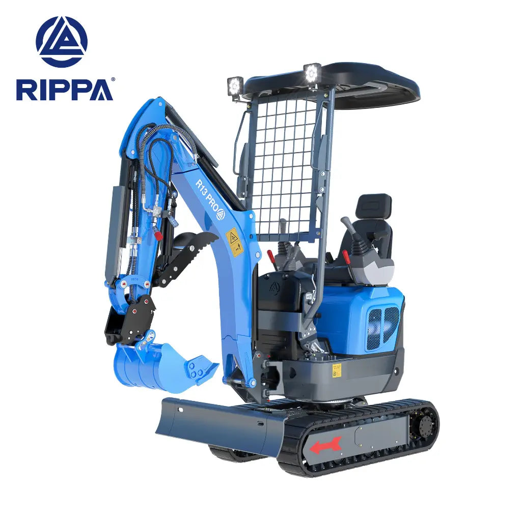 JoyT5 Rippa R13 mini excavator for sale Canada 1.3 ton compact digger front three quarter view showing hydraulic boom bucket rubber tracks and blade designed for landscaping construction residential digging and tight job sites