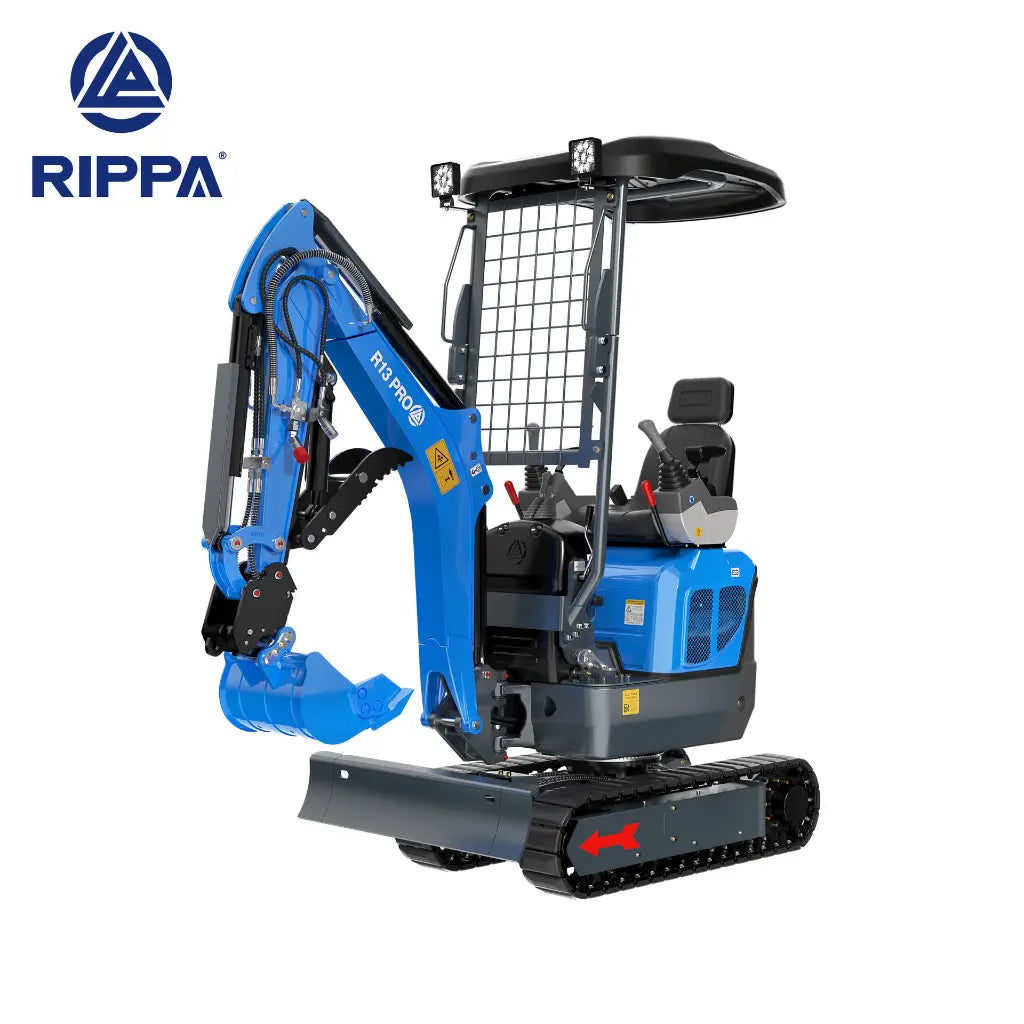 JoyT5 Rippa R13 mini excavator for sale Canada 1.3 ton compact digger front working view with hydraulic boom bucket blade and canopy lights designed for landscaping construction backyard digging and tight job sites