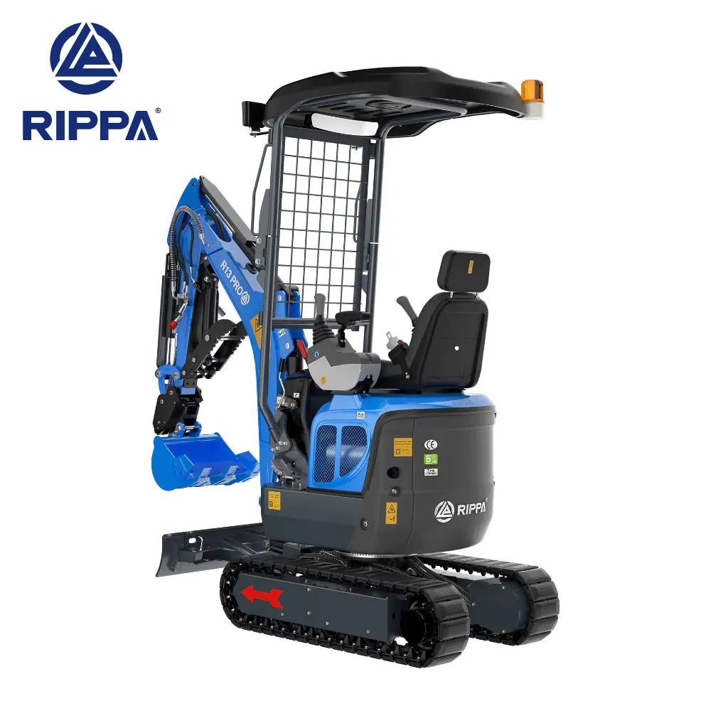 JoyT5 Rippa R13 mini excavator for sale Canada 1.3 ton compact digger rear angle view showing operator seat canopy guard rubber tracks and hydraulic arm designed for landscaping construction and backyard excavation work