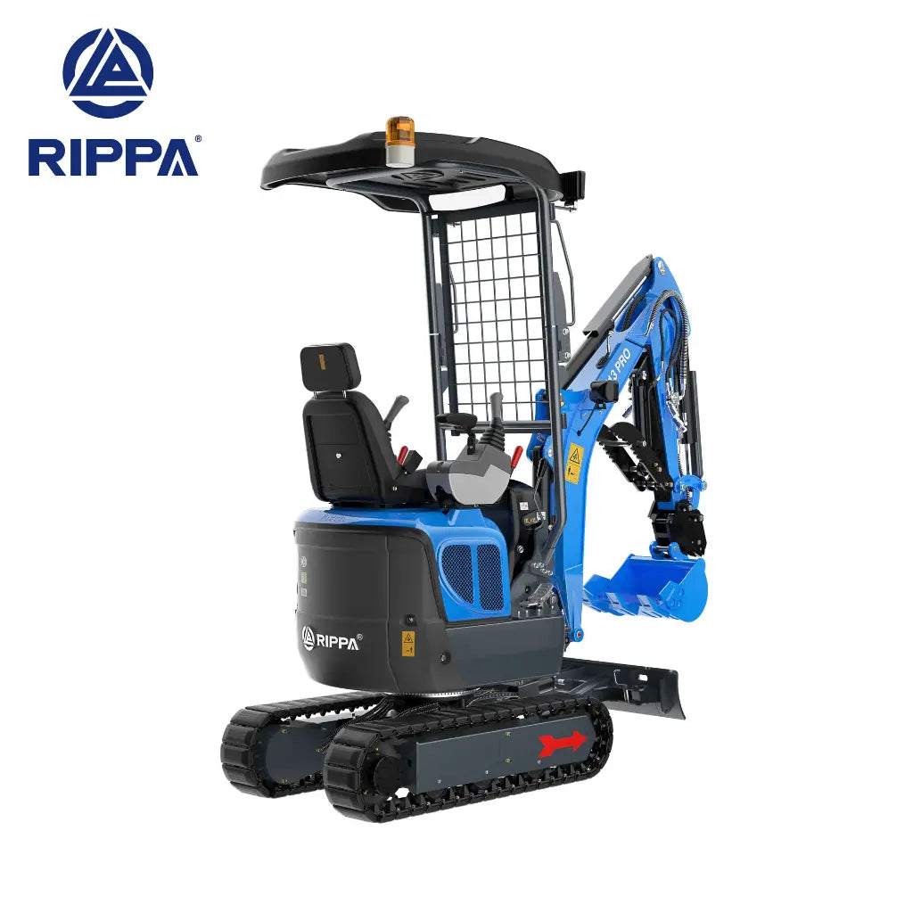 JoyT5 Rippa R13 mini excavator for sale Canada 1.3 ton compact digger rear right angle view showing operator seat canopy roof beacon light rubber tracks and hydraulic arm suitable for landscaping construction and residential excavation work