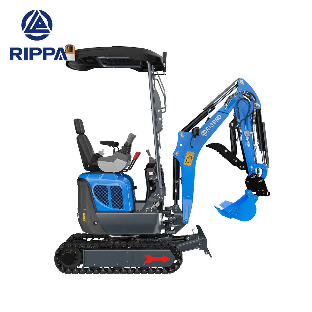 JoyT5 Rippa R13 mini excavator for sale Canada 1.3 ton compact digger right side profile showing hydraulic boom bucket rubber tracks and blade designed for landscaping construction residential digging and tight job sites