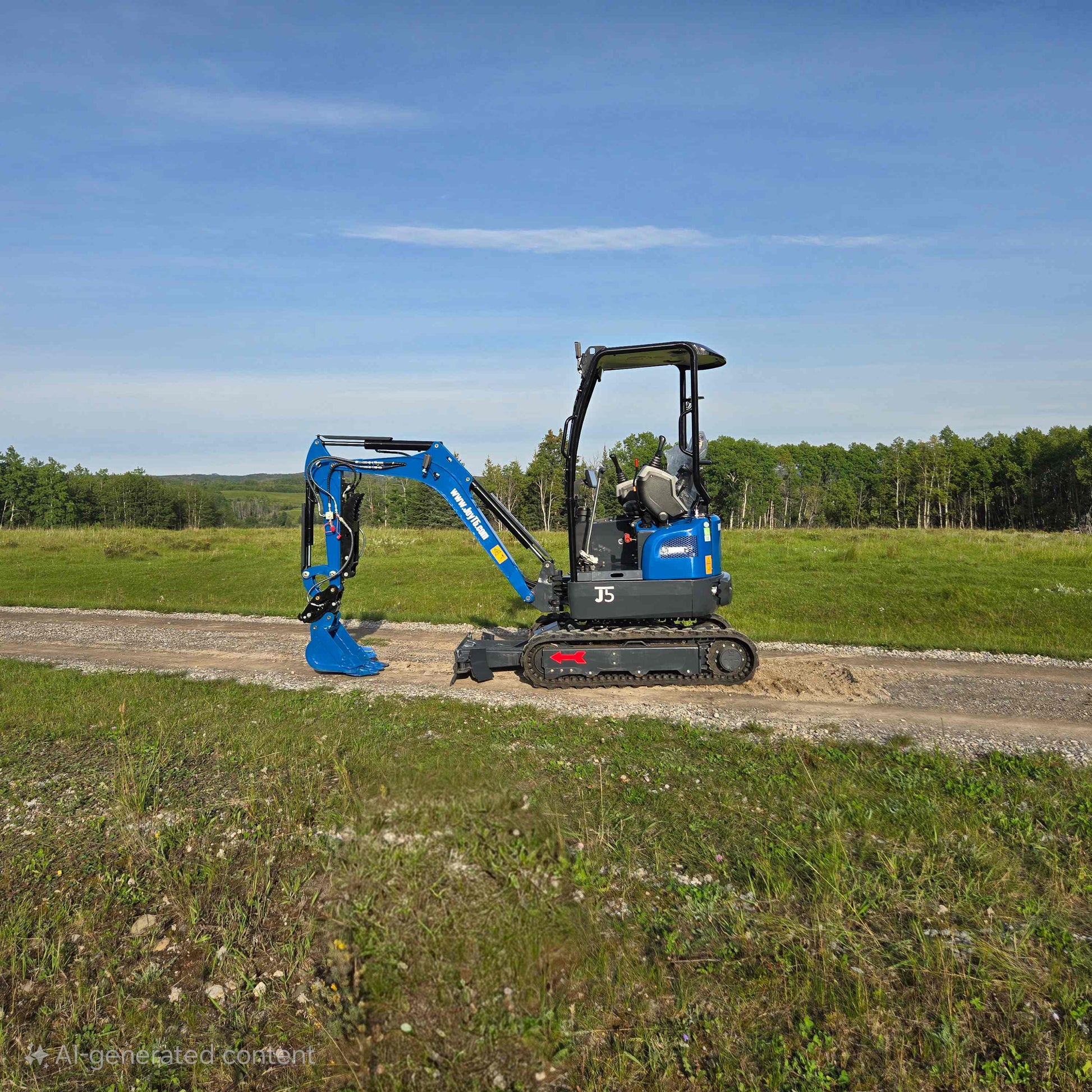 JoyT5 Rippa R18 Mini Excavator side view with lowered bucket for digging and ground leveling