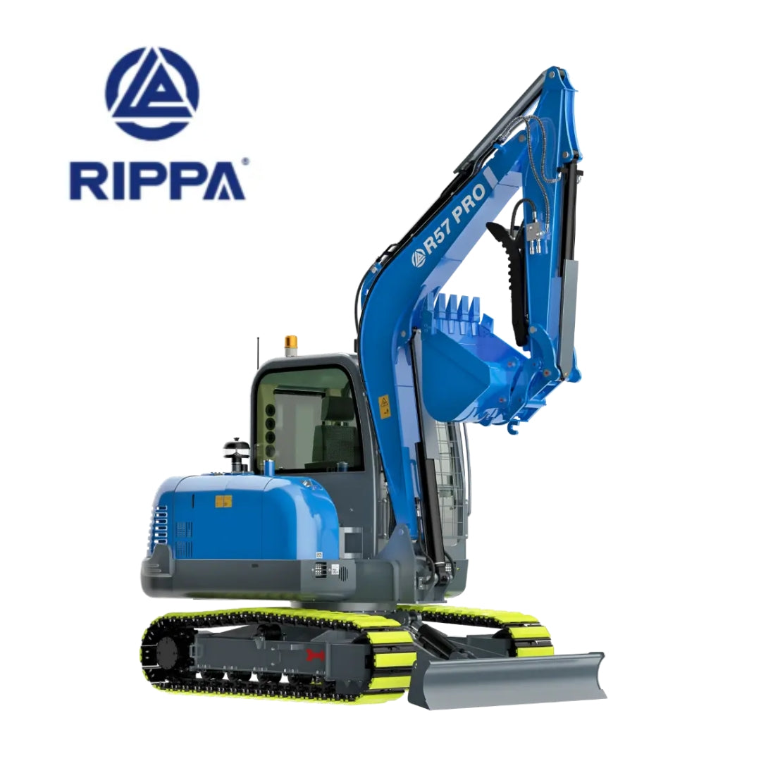 JoyT5 Rippa R57 mini excavator for sale Canada 5 point 7 ton Yanmar engine compact excavator rear side view with raised hydraulic arm and digging bucket designed for heavy duty construction excavation and landscaping work in Canada and USA