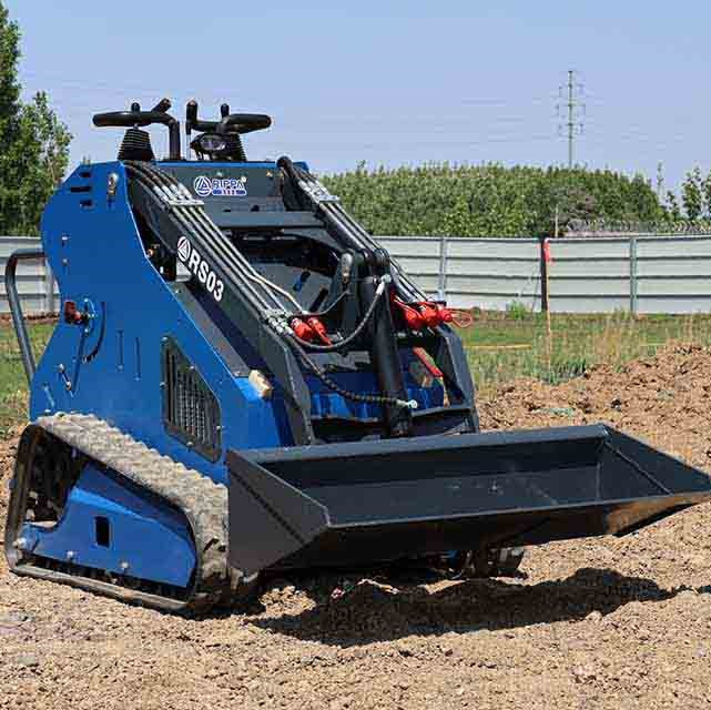 JoyT5 Rippa RS03 compact skid steer loader using front bucket for soil leveling and construction work in Canada and USA