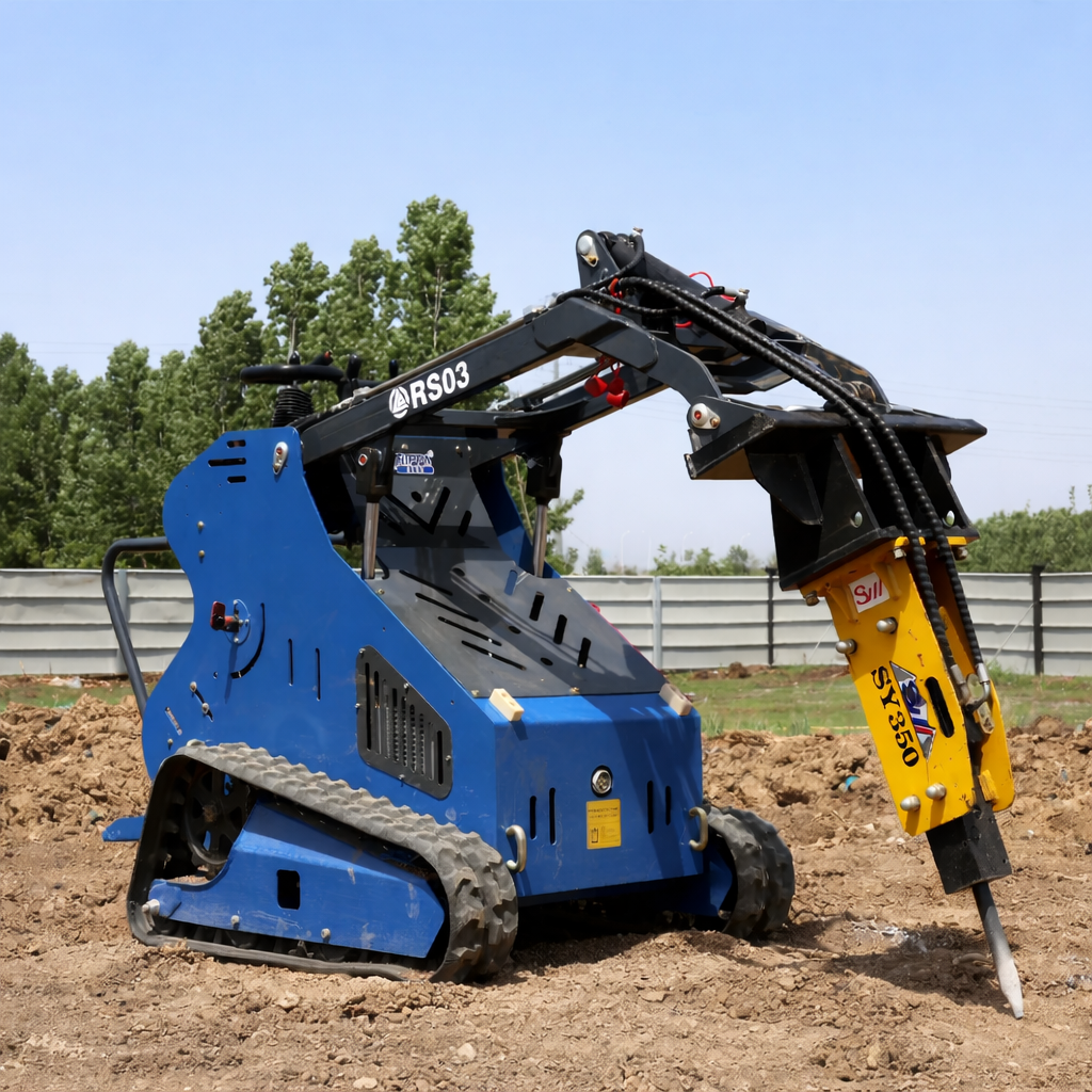 JoyT5 Rippa RS03 compact skid steer using hydraulic breaker attachment for construction ground breaking and demolition work in Canada and USA