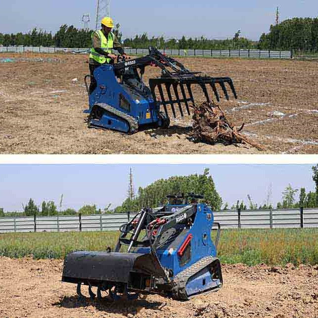 JoyT5 Rippa RS03 compact skid steer using rake and bucket attachments for land clearing landscaping and soil preparation in Canada and USA