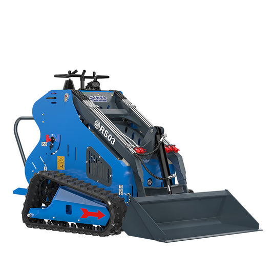 JoyT5 Rippa RS03 compact skid steer loader with front bucket shown for small construction landscaping and snow removal jobs in Canada and USA