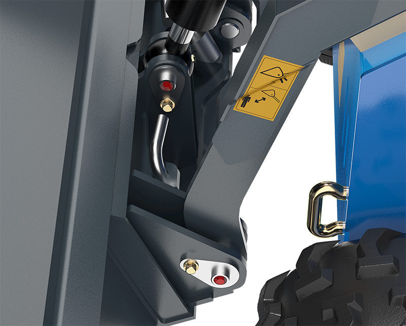 JoyT5 Rippa RS03 skid steer hydraulic arm detail showing strong linkage and safety design for construction landscaping and snow removal use in Canada and USA