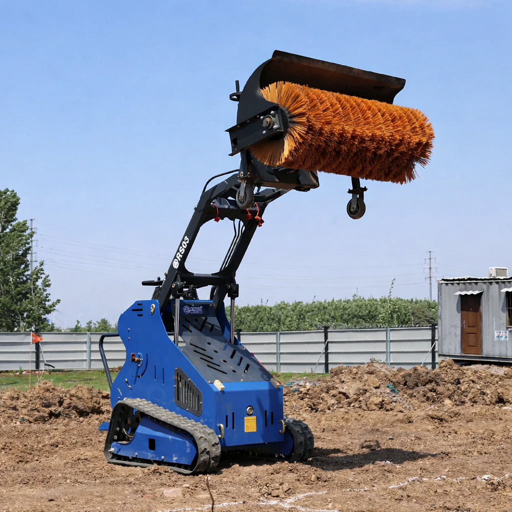 JoyT5 Rippa RS03 skid steer loader for sale Canada compact mini skid steer with broom attachment working on construction site ideal for cleaning dirt snow removal and landscaping jobs in Canada and USA
