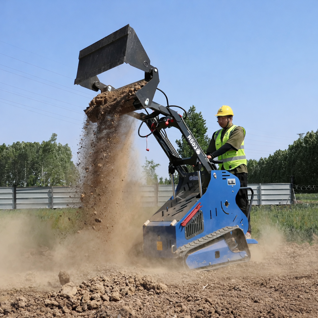 JoyT5 Rippa RS03 skid steer loader for sale Canada compact mini skid steer with bucket dumping soil on construction site operator handling material ideal for landscaping construction and heavy duty work in Canada and USA