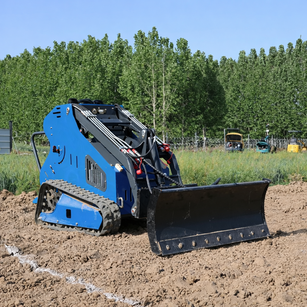 JoyT5 Rippa RS03 skid steer loader for sale Canada compact mini skid steer with grading blade attachment working on field for land leveling and landscaping construction jobs in Canada and USA