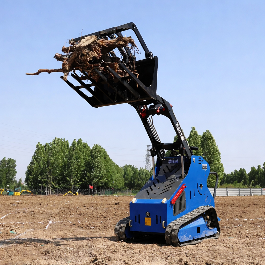 JoyT5 Rippa RS03 skid steer loader for sale Canada compact mini skid steer with grapple attachment lifting wood debris ideal for landscaping construction clearing and material handling work in Canada and USA