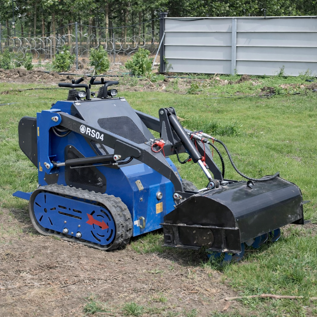 JoyT5 Rippa RS04 compact skid steer with mulcher attachment performing landscaping and land clearing work in Canada and USA