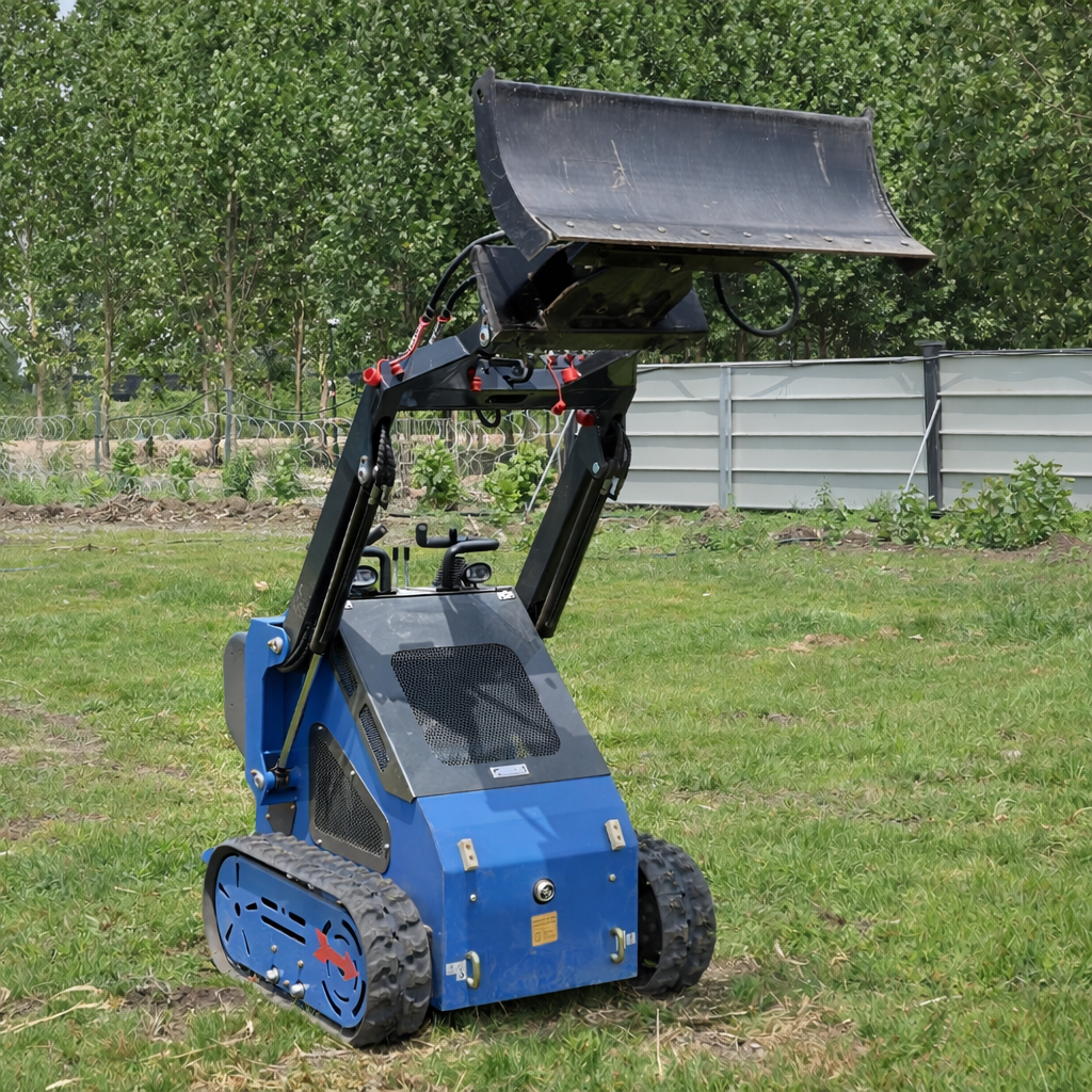 JoyT5 Rippa RS04 compact skid steer loader lifting front bucket for landscaping and small construction work in Canada and USA