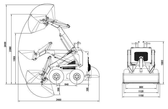 JoyT5 Rippa RS04 compact skid steer technical dimension diagram showing machine layout for construction and landscaping work in Canada and USA
