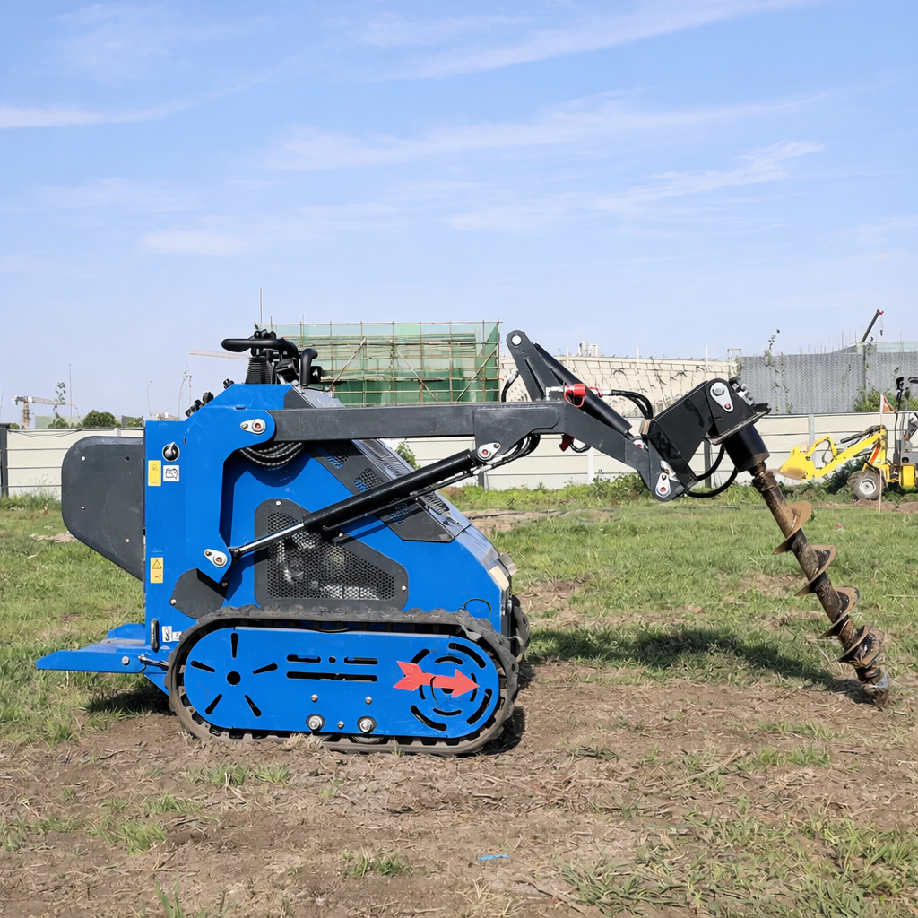 JoyT5 Rippa RS04 skid steer loader for sale Canada compact mini skid steer with auger attachment side view for soil drilling and ground work ideal for landscaping construction and utility jobs in Canada and USA